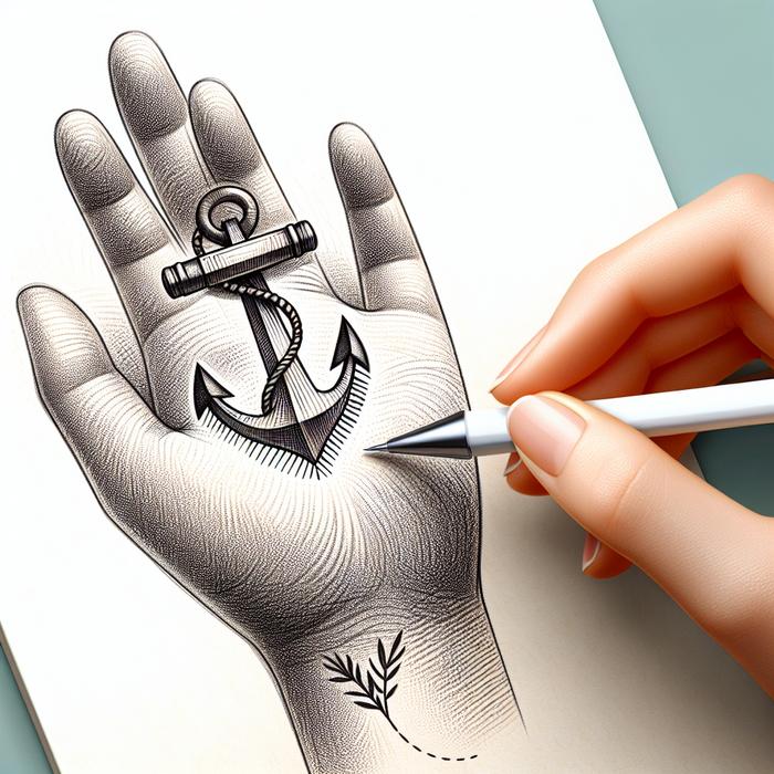 Miniature anchor tattoo on back of hand symbolizing stability