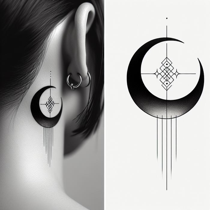 Split-screen of crescent moon tattoo behind ear and isolated design