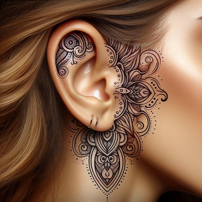 Delicate and intricate tattoo designs placed behind the ear