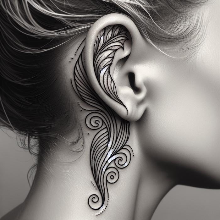 Intricate behind-ear tattoo with fine lines and subtle details