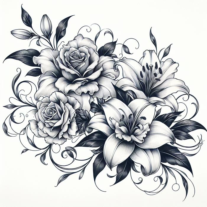 Elegant botanical tattoo design with roses, lilies, and peonies