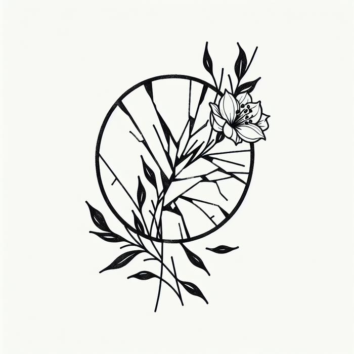 Minimalist tattoo of broken mirror with flowers growing from cracks