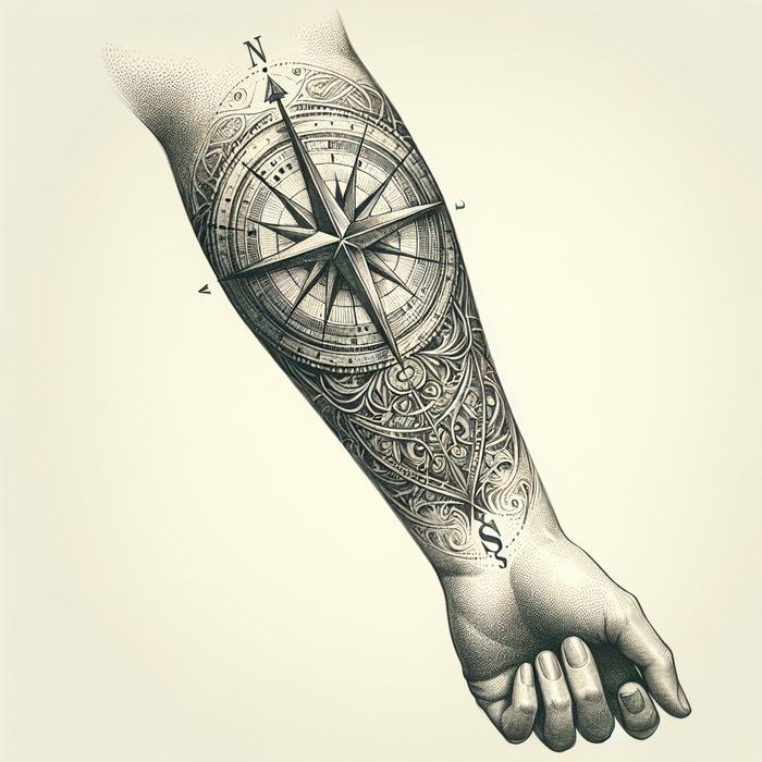 Delicate compass rose tattoo on inner forearm representing life direction