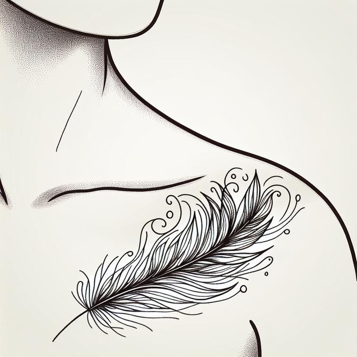 Elegant feather tattoo on collarbone representing lightness and strength