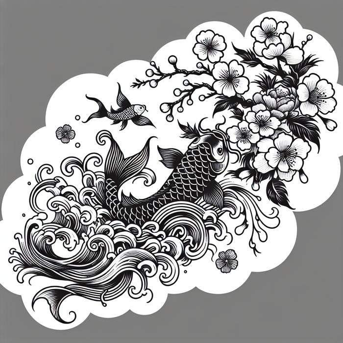 Japanese Irezumi-inspired tattoo design with koi fish, cherry blossoms, and waves