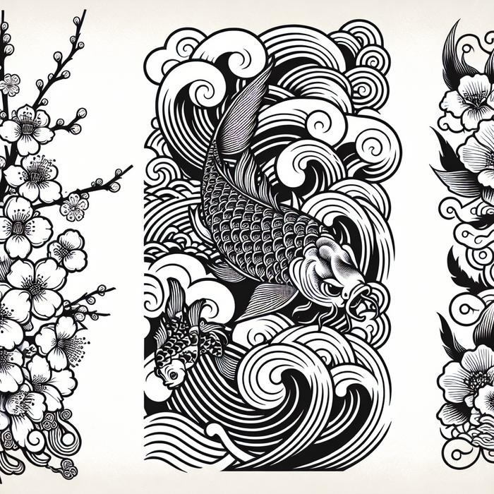 Elegant Japanese-style tattoo design featuring koi fish, cherry blossoms, and waves