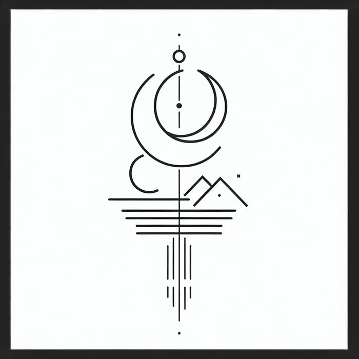 Minimalist tattoo design with abstract symbols in fine black lines