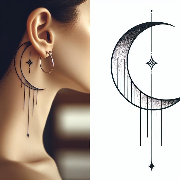 Split-screen of minimalist crescent moon tattoo behind ear and isolated design