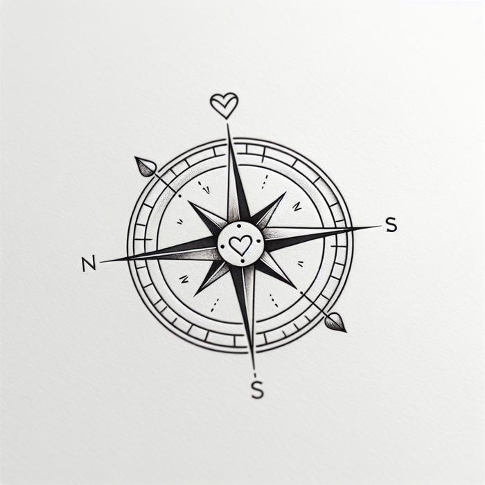 Minimalist compass tattoo with heart elements for finding direction