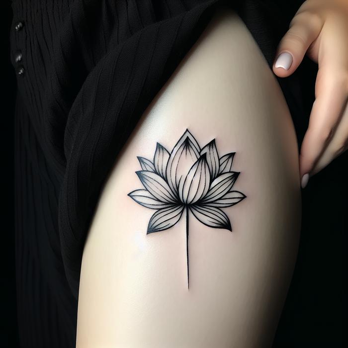 Minimalist lotus flower tattoo on upper leg symbolizing rebirth