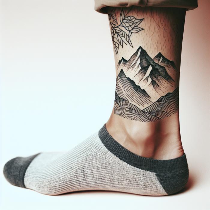 Simple mountain range tattoo on ankle symbolizing overcoming challenges