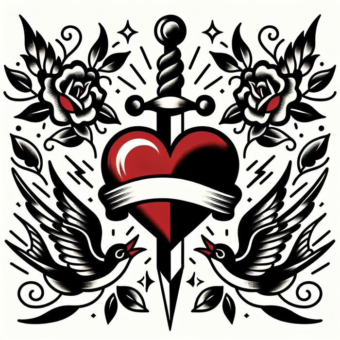 Old School traditional tattoo design with dagger, heart, swallow, and rose