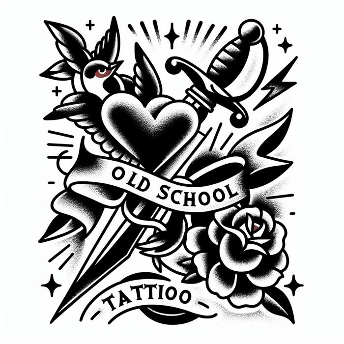 Vintage-style Old School tattoo design with dagger, heart, swallow, and rose