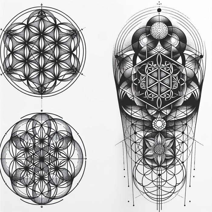 Intricate sacred geometry tattoo design with Metatron's Cube and Flower of Life