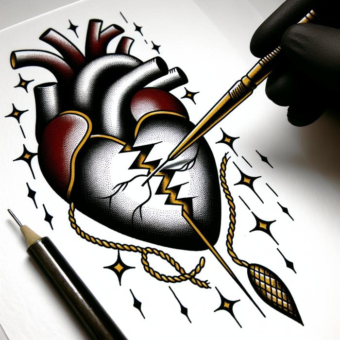 Old School tattoo of broken heart stitched with gold thread