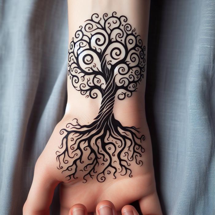 Tiny tree tattoo on wrist with visible roots and branches symbolizing growth