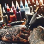 Tattoo artist creating an intricate design with professional equipment