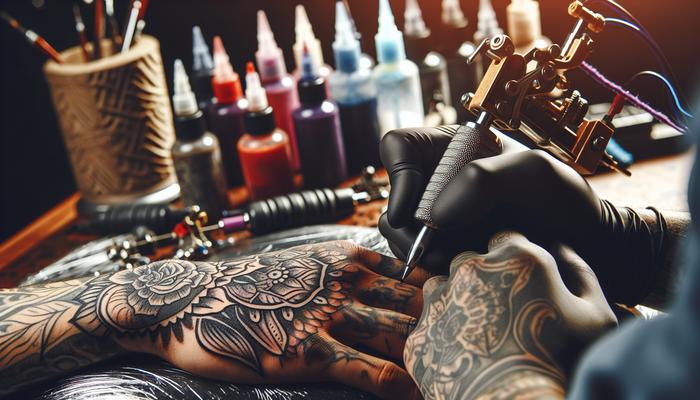 Tattoo artist creating an intricate design with professional equipment